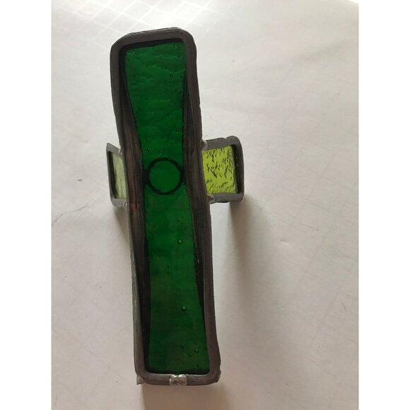 Vintage Stained Glass Crucifix Celtic Cross Handmade Dark Green & Light Green - Picture 7 of 10